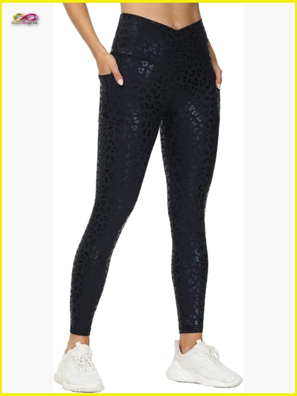 V Cross Waist Workout Leggings Tummy Control Running Yoga Pants with Pockets